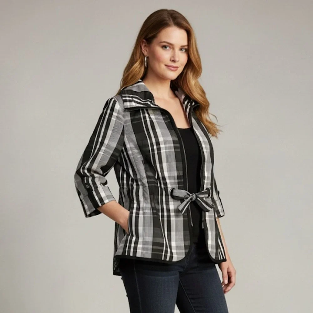 TRIBAL Black White Plaid Zip-Up Jacket – Size 12 – Drawstring Waist